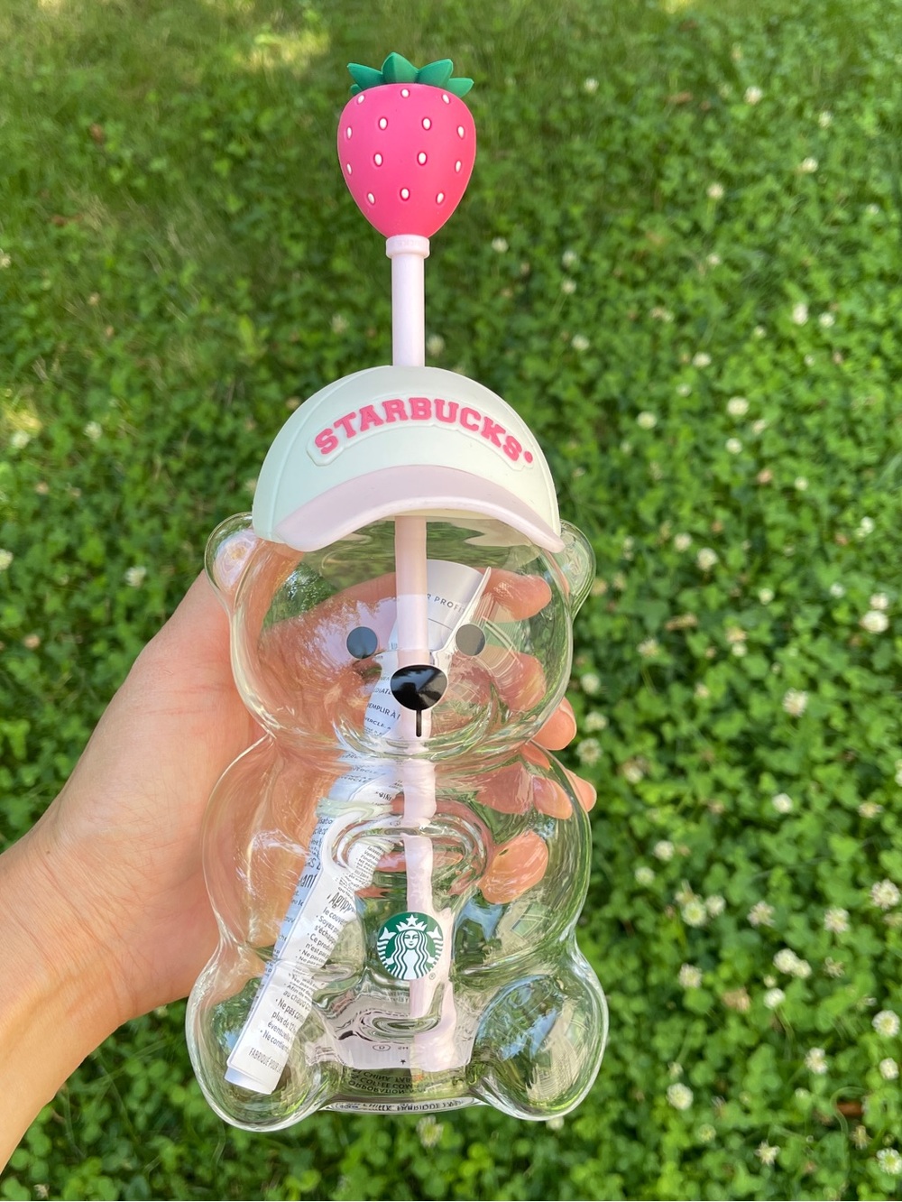 Authentic Starbucks Bearista Bear Glass Cup Strawberry Topper Baseball Cap 20 OZ